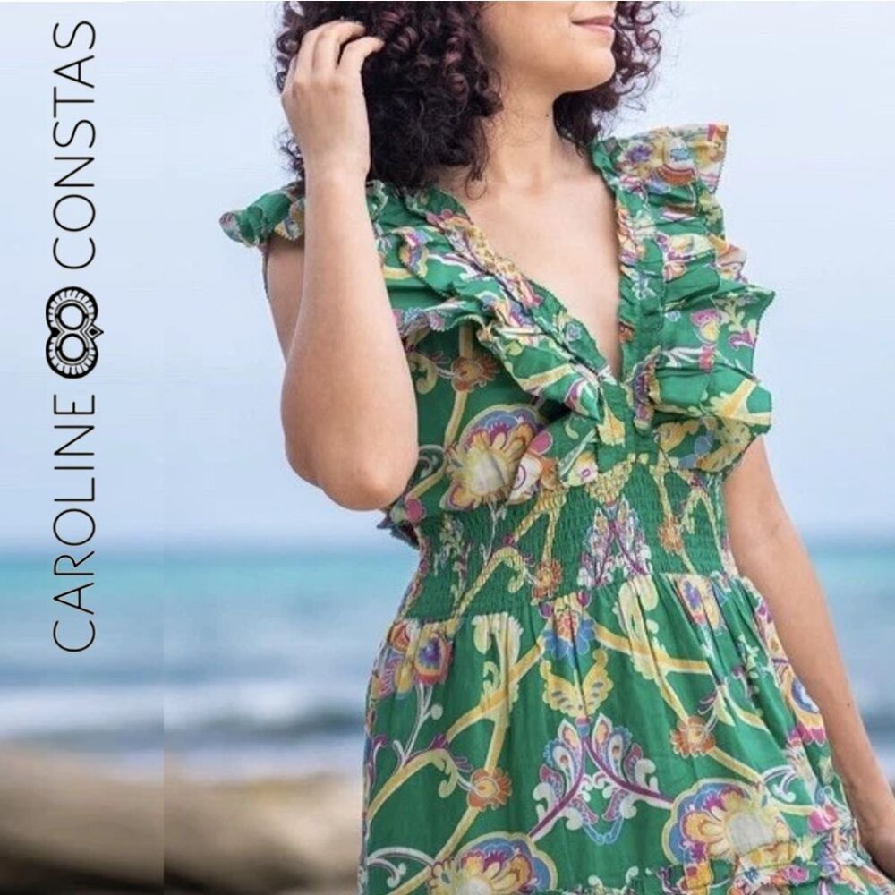 CAROLINE CONSTAS Green Floral Maxi Dress Deep V M EUC